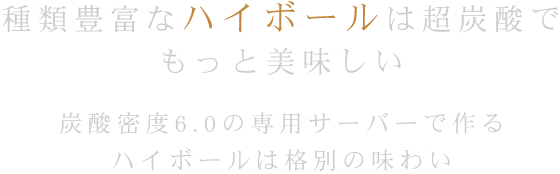 種類豊富なハイボールは超炭酸でもっと美味しい
炭酸濃度6.0の専用サーバーで作るハイボールは格別の味わい